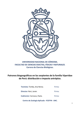 Patrones Biogeográficos En Las Serpientes De La Familia Viperidae En Los Andes Centrales De Perú