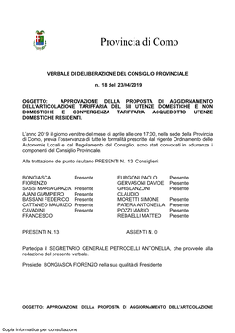 Delibera N. 18 Del 23 Aprile 2019 Del Consiglio Provinciale