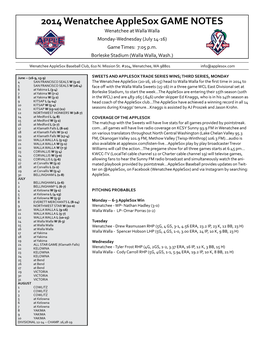 2014 Wenatchee Applesox GAME NOTES Wenatchee at Walla Walla Monday-Wednesday (July 14-16) Game Times: 7:05 P.M