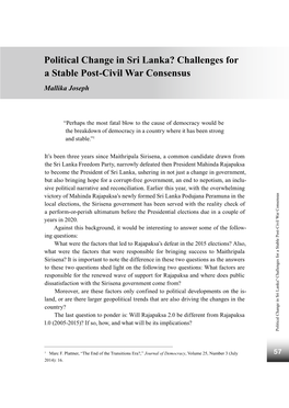 Political Change in Sri Lanka? Challenges for a Stable Post-Civil War Consensus Mallika Joseph