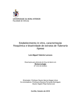 Estabelecimento in Vitro, Caracterização Fitoquímica E Bioatividade De Extratos De Tuberaria Lignosa