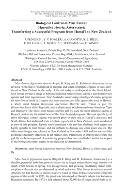 Biological Control of Mist Flower (Ageratina Riparia, Asteraceae): Transferring a Successful Program from Hawai’I to New Zealand