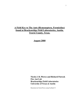A Field Key to the Ants (Hymenoptera, Formicidae) Found at Brackenridge Field Laboratories, Austin, Travis County, Texas