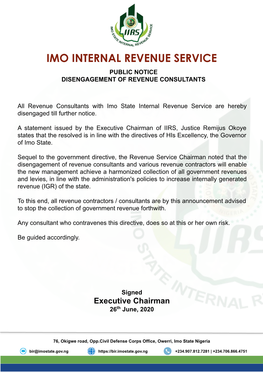 Imo Internal Revenue Service Public Notice Disengagement of Revenue Consultants