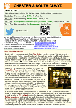 CHESTER & SOUTH CLWYD CAMRA DIARY for the Latest Events, Please Visit the Branch Web Site Thu 21 Jun; Branch Meeting; Griffin, Gresford