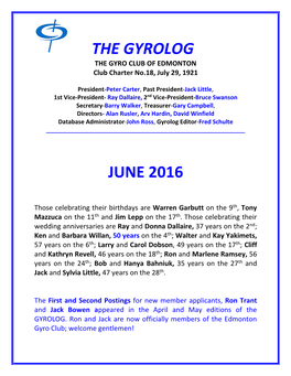 THE GYROLOG the GYRO CLUB of EDMONTON Club Charter No.18, July 29, 1921