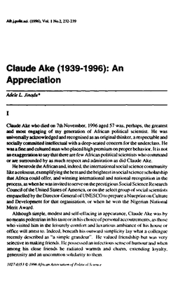Claude Ake (1939-1996): an Appreciation