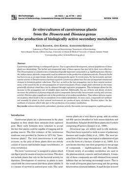 In Vitro Cultures of Carnivorous Plants from the Drosera and Dionaea Genus for the Production of Biologically Active Secondary Metabolites