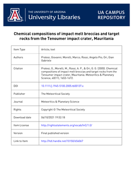 Chemical Compositions of Impact Melt Breccias and Target Rocks from the Tenoumer Impact Crater, Mauritania