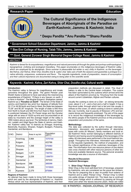 The Cultural Significance of the Indigenous Beverages of Aboriginals of the Paradise on Earth-Kashmir, Jammu & Kashmir, India