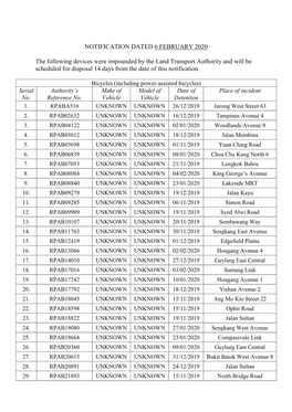 NOTIFICATION DATED 6 FEBRUARY 2020 the Following Devices Were Impounded by the Land Transport Authority and Will Be Scheduled Fo