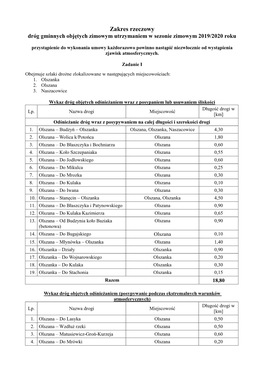 Zakres Rzeczowy Dróg Gminnych Objętych Zimowym Utrzymaniem W Sezonie Zimowym 2019/2020 Roku