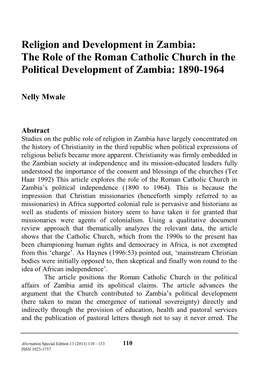 Religion and Development in Zambia: the Role of the Roman Catholic Church in the Political Development of Zambia: 1890-1964