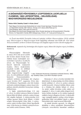 A Dióaknázó Fényesmoly (Coptodisca Lucifluella Clemens, 1860 Lepidoptera – Heliozelidae) Magyarországi Megjelenése