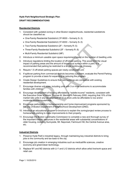 Hyde Park Neighborhood Strategic Plan DRAFT RECOMMENDATIONS Residential Districts 1. Consistent with Updated Zoning in Other