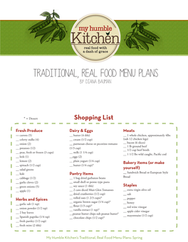 Traditional, Real Food Menu Plans By: Diana Bauman