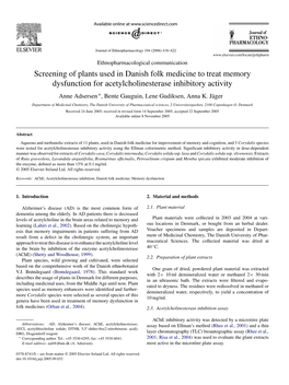 Screening of Plants Used in Danish Folk Medicine to Treat Memory Dysfunction for Acetylcholinesterase Inhibitory Activity