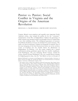 Patriot Vs. Patriot: Social Conflict in Virginia and the Origins of the American Revolution