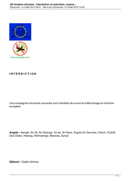 UE-Aviation Africaine : Interdiction Et Restriction, Nuance… Dimanche, 14 Juillet 2013 09:41 - Mis À Jour Dimanche, 14 Juillet 2013 10:03
