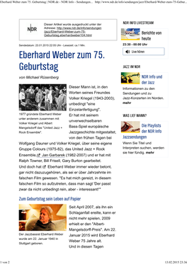 Eberhard Weber Zum 75. Geburtstag | NDR.De - NDR Info - Sendungen