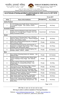 List of Schools of Nursing Permitted to Admit Students for ANM Course for 2017-2018 Academic Year. 19 Jun 2017