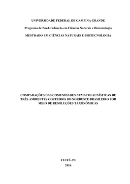 UNIVERSIDADE FEDERAL DE CAMPINA GRANDE Programa De Pós-Graduação Em Ciências Naturais E Biotecnologia MESTRADO EM CIÊNCIAS