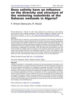 Does Salinity Have an Influence on the Diversity and Structure of the Wintering Waterbirds of the Saharan Wetlands in Algeria?