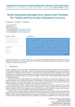 Music Integration Through Faces, Spaces and Timelines for Virtual and Face-To-Face Encounters to Learn K