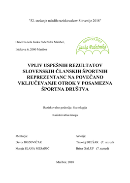 Sociologija: Vpliv Uspešnih Rezultatov Slovenskih Članskih Športnih