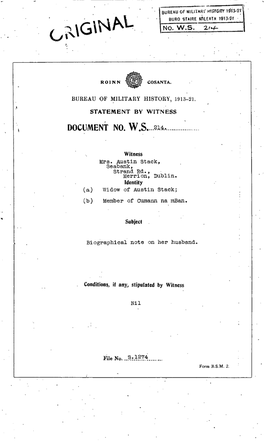 ROINN COSANTA. BUREAU of MILITARY HISTORY, 1913-21, STATEMENT by WITNESS DOCUMENT NO. W.S. 214. Witness Mrs. Austin Stack, Seaba