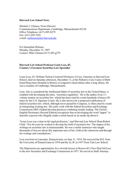 Harvard Law School Press Release on Death of Professor Louis Loss