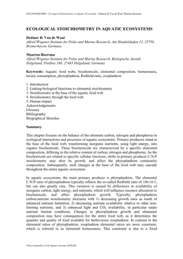 Ecological Stoichiometry in Aquatic Ecosystems - Dedmer B