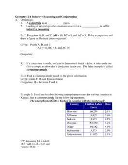 Geometry 2-1 Inductive Reasoning and Conjecturing A. Definitions 1. a Conjecture Is an ______Guess