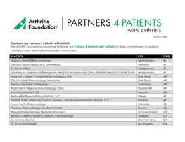 Thanks to Our Partners 4 Patients with Arthritis the Arthritis Foundation