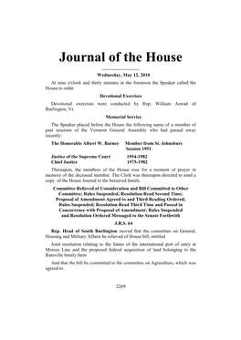 Journal of the House ______Wednesday, May 12, 2010 at Nine O'clock and Thirty Minutes in the Forenoon the Speaker Called the House to Order