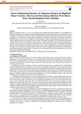 Factors Influencing Intensity of Adoption of Improved Highland Maize Varieties: the Case of Toke Kutaye District, West Shewa Zone, Oromia Regional State, Ethiopia