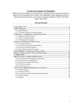 Local Governance in Zanzibar (Edited Version of Chapter by Per Tidemand in “Zanzibar Good Governance Strategy” a Report by the Consultants Prof