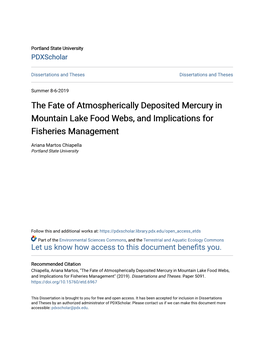 The Fate of Atmospherically Deposited Mercury in Mountain Lake Food Webs, and Implications for Fisheries Management