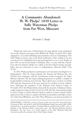 A Community Abandoned: W. W. Phelps' 1839 Letter to Sally