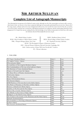 SIR ARTHUR SULLIVAN Complete List of Autograph Manuscripts