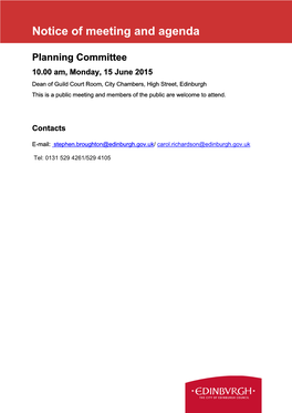 Notice of Meeting and Agenda Planning Committee 10.00 Am, Monday, 15 June 2015