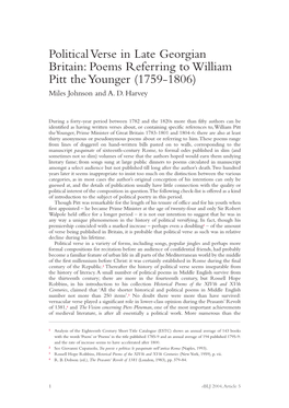 Poems Referring to William Pitt the Younger (1759-1806) Miles Johnson and A