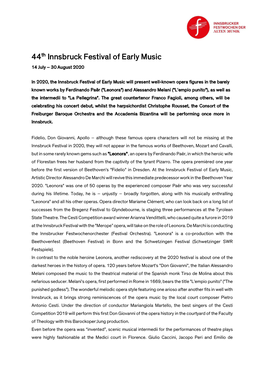44Th Innsbruck Festival of Early Music 14 July – 30 August 2020