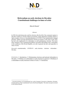 Referendum on Early Elections in Slovakia: Constitutional Challenges in Times of Crisis