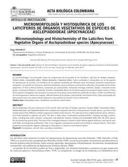 Acta Biológica Colombiana Micromorfología Y Histoquímica De Los Laticíferos De Órganos Vegetativos De Especies De Asclepiad