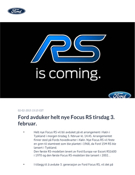 Ford Avduker Helt Nye Focus RS Tirsdag 3. Februar