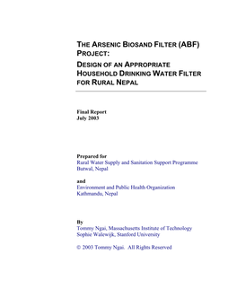 The Arsenic Biosand Filter (Abf) Project: Design of an Appropriate Household Drinking Water Filter for Rural Nepal