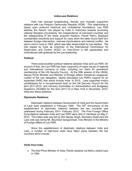1 India-Laos Relations India Has Enjoyed Longstanding, Friendly and Mutually Supportive Relations with Lao People's Democrati