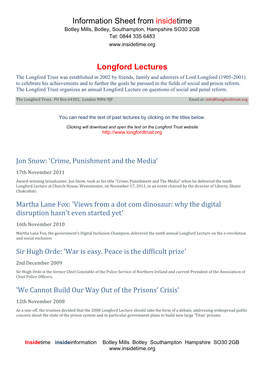 Information Sheet from Insidetime Longford Lectures