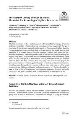 The Twentieth Century Invention of Ancient Mountains: the Archaeology of Highland Aspromonte